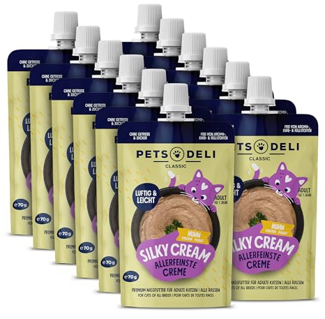 Pets Deli Silky Cream Katzen Nassfutter Quetschbeutel Huhn, schleckbar, geeignet für Katzen ohne Zähne, getreidefrei, ohne Zucker, 12x70g, Premium Qualität