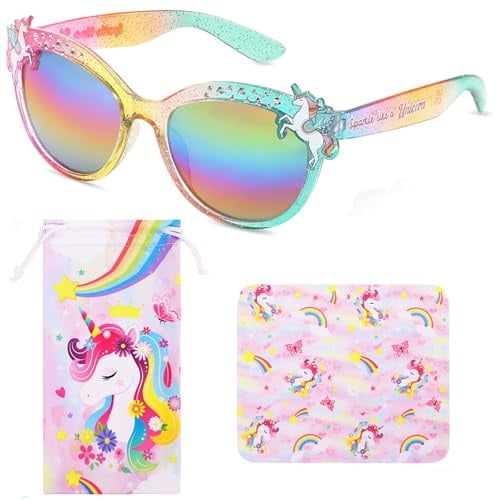 Beipegin Einhorn Sonnenbrille Kinder Mädchen UV Schutz Kleinkind Sonnenbrillen mit Brillenhülle Sonnenbrillen Sommer Freien Dress up Brille Geschenke