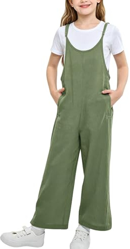 Rolanko Mädchen Spaghetti Ärmelloses Jumpsuit, Loose Fit Baumwolle Sommer Freizeitanzug Overall im Alter von 5-12 Jahre, Grün, 10-11 Jahre,150