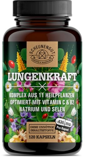 Lungenkraut - Lungenkraut Kapseln Stark - Laborgeprüft DE SCHEUNENGUT® | LUNGENKRAFT®️ Lungen-Kraut Intensiv-Formel mit Salbei, Hagebutten, Sea Moos, Selen, Bio Ingwer +mehr -Vegan- 120 Kapseln