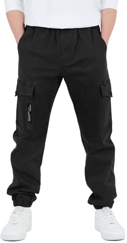 CAMLAKEE Cargohose Jungen Jogginghose Kinder Cargo Hosen Jungs Arbeitshose mit Elastischem Bund Schwarz DE: 152-158 (Herstellergröße 150)