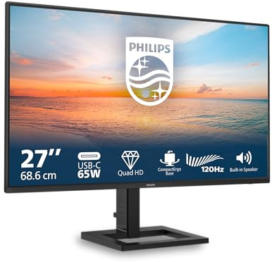 PHILIPS 27E1N1600AE - 27 Zoll QHD Monitor, Lautsprecher, höhenverstellbar (2560x1440, 100Hz, HDMI 1.4, USB-C (65W PD), USB Hub) schwarz