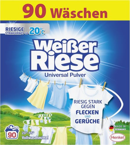 Weißer Riese Universal Waschmittel Pulver (90WL), Waschpulver Großpackung | Vollwaschmittel mit riesiger Waschkraft ab 20°C, ideal für Familien mit Kindern mit weißer Wäsche, besonders ergiebig