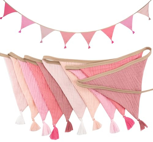 Girlande Wimpelkette Kinderzimmer, 2.6m Musselin Baumwolle Stoff Wimpelkette mit Quasten, Babyzimmer Deko Wimpel, Wetterfest Wimpel Outdoor Kinderzimmer für Mädchen und Junge (A)