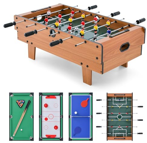 COSTWAY 4 in 1 Spieltisch, Tischkicker & Billard & Air Hockey & Tischtennis, Multifunktionstisch aus Holz, Tischfußball für Spielzimmer, Bars, Kickertisch für Kinder, Erwachsene (Braun)