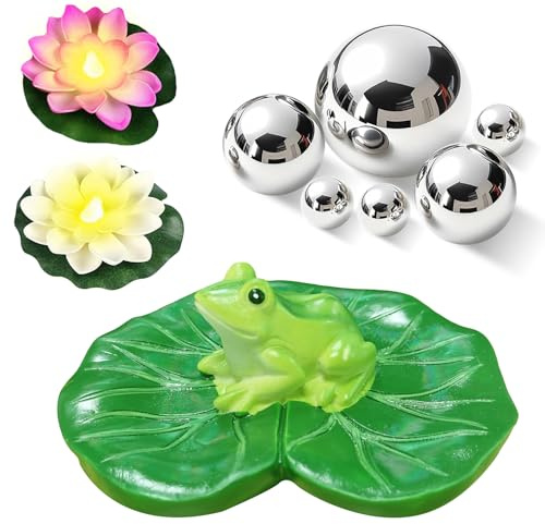 Schwimmende Teichdeko Miniteich Set, Wasserspiel & Schwimmende Dekoration | 6 Schwimmkugeln Edelstahl + 2 Seerosen Künstlich + schwimmfrosch Deko, Für Brunnen, Gartenteich, Balkon, Außenbereich