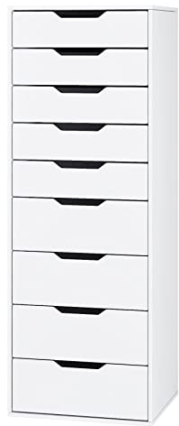 FOREHILL Kommode weiß mit 9 Schubladen, Schubladenschrank schmal, Hochkommode für Schalfzimmer, Wohnzimmer, Büro, Flur, 45 x 40 x 124 cm