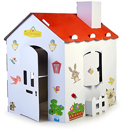 FEBER - Carton House, großes Spielhaus aus Karton für Kinder, zum Bemalen, Ausmalen und Spielen, mit lustigen Aufklebern, Ökohaus, für Jungen und Mädchen ab 3 Jahren, Famosa (FEB06000)