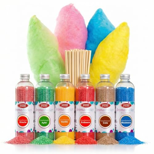 Partyset 6 x 230 Gramm Zuckerwatte Zucker für Zuckerwattemaschine Inklusive 100 Zuckerwattestäbe