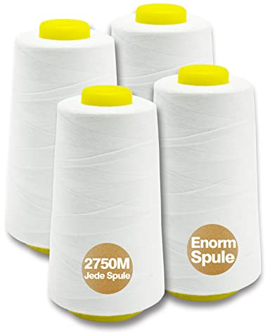 Nähgarn Overlockgarn Set - 100% Polyester Weiß, Reißfest, Für Nähmaschine, 4 Zwirn, 40/2, Je 2745 M, Insgesamt 11000m