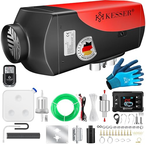 KESSER® Standheizung Diesel 8kW Dieselheizung 12V/24V mit Timer, LCD-Display & Fernbedienung | Schnelles Aufheizen | Lufterhitzer mit Schalldämpfer & Thermostat (Rot, 8KW)