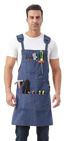 Nanxson Canvas Arbeitsschürze, Werkzeugschürze, verstellbar Holzschürze | mehrere Taschen Schweißerschürze Latzschürze mit Kreuz Rücken für Garten, Grill, Industrie, Handwerker