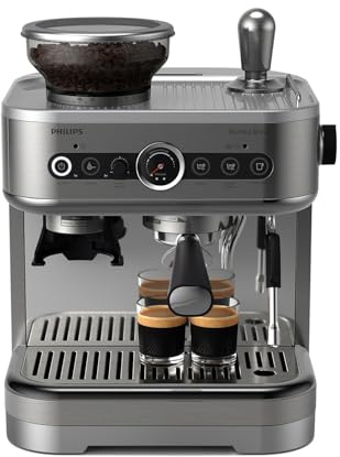 Philips Barista Brew Halbautomatische Espressomaschine - Einfacher & doppelter Espresso + Americano Taste, 250g Bohnenbehälter, Intuitive Führung, Kalibriertes Stampfen, Metall Silber (PSA3218/01)