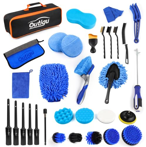 Outigu 31-teiliges Autoreinigungs-Set, Autopflege-Bürste, Bohrbürste, Autowasch-Set, Autorad-Bürste, Staubentfernungsbürste für Auto-Innenraum und Außenbereich, schmutzige Felgenreinigung, Innen