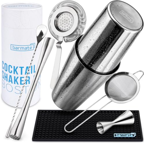 barmate Boston Shaker Set 7-teilig aus Edelstahl mit Bar-Zubehör | Mit Shaker, Jigger, Barlöffel, Hawthorne-Strainer, Feinsieb, Muddler und Barmatte – spülmaschinenfest in Geschenkbox