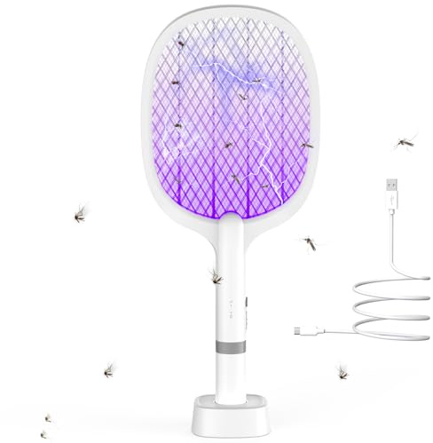 TEINNGO Elektrische Fliegenklatsche 5000V, Extra Stark Elektrische Fliegenfänger mit USB C Ladebasis, 2 in 1 Elektrisch Fliegenfänger Insektenvernichter für Mücken, Fliegen, Bienen, Motten