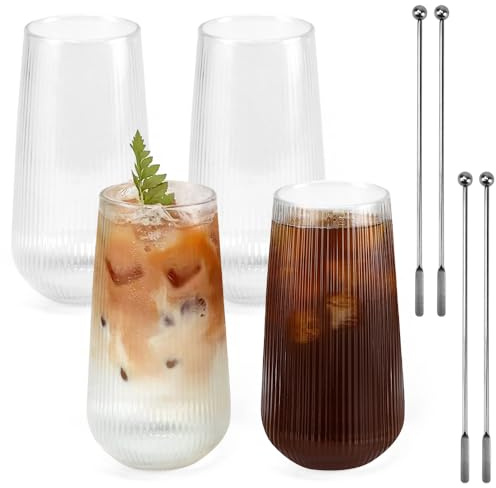 Kleemeiero 4 Stück Latte Macchiato Gläser 500ml Glasbecher mit 4 Edelstahl-Rührstäbchen Cappuccino Kaffeegläser Vertikale Streifen Design Kaffeeglas Teeglas für Latte, Getränke - Spülmaschinenfest