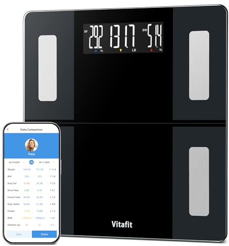 Vitafit Personenwaage Körperfettwaage mit APP 250kg, Hohe Genauigkeit von Professionelle Fabrik SEIT 2001, Waage Personen mit Bluetooth, Körperwaage digital für Körperfett, BMI, Muskelmasse, Schwarz