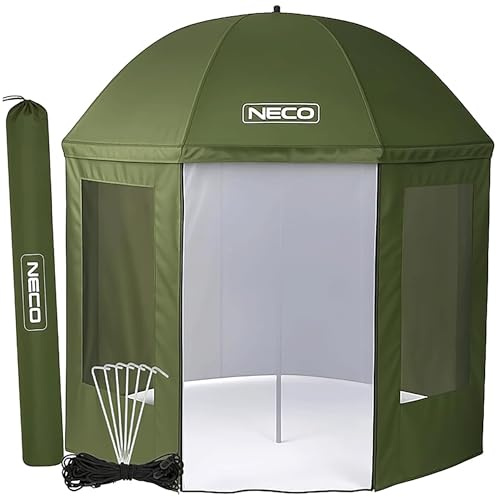 NECO Anglerschirm 250 cm Pro mit Moskitonetz und Seitenpaneelen – wasserdicht, 360° vollständig schließbar, verstellbar, inklusive Heringe und Transporttasche