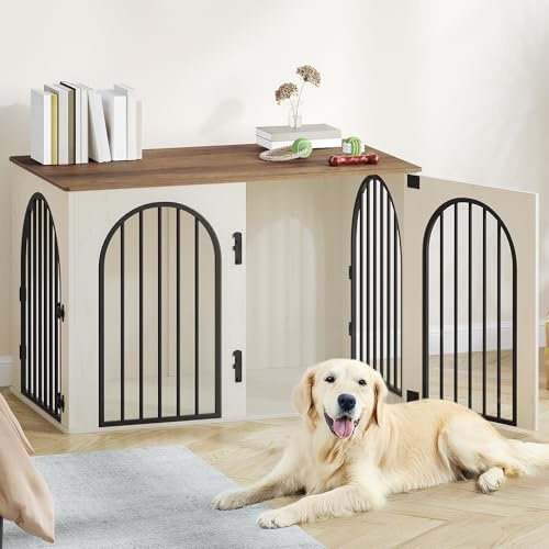 Hzuaneri Hundekäfig Möbel, 108 cm Hundebox für Zuhause, 3 Türen, Bogentür, Moderne Hundebox Indoor für Hunde, Beistelltisch, Hundekäfig Hochbelastbar, 108 x 64 x 76 cm, Weiß Braun DFC86014B