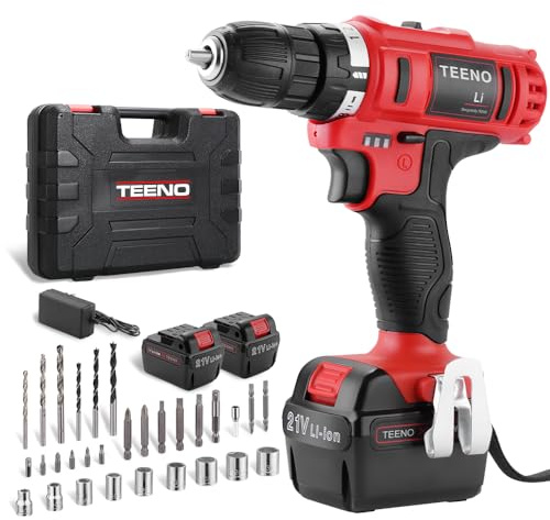 TEENO Akku-Bohrschrauber 21V, ausgestattet mit 2 x 1,5Ah Akkus, 35Nm Drehmoment, 18+1 Drehzahlstufen, 2 Geschwindigkeitsstufen, LED-Licht, ideal für DIY-Projekte
