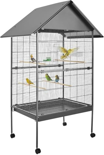 tectake® Vogelkäfig groß, Papageienkäfig mit Sandschublade, Voliere auf Rollen, Birdcage mit 4 Sitzstangen, Vogelvoliere mit Rollen, 85 x 60 x 168 cm, Nymphensittich Käfig, Vogelkäfig Wellensittich