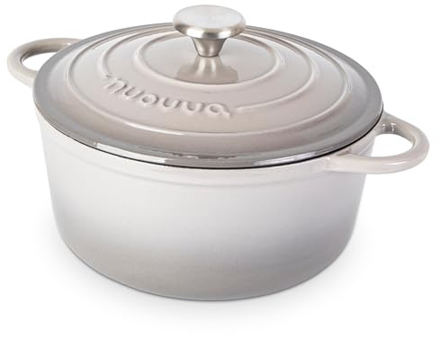 Gusseisen-Topf mit Deckel – Emaille-Schmortopf mit Antihaft, Ofenfest bis 260°C – Robuster Dutch Oven Kochgeschirr – Grau, 4.7 Liter, 24 cm – von Nuovva
