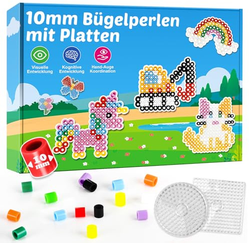 Bügelperlen Set Groß 10mm - Komplettset mit 2 Bügelplatten, Vorlagen für Kinder ab 3 Jahre - Extra Große Perlen für Kleinkinder