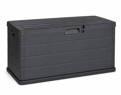 Maury's Aufbewahrungsbox für den Garten, 340 Liter, Holzoptik, Aufbewahrungsbox aus Kunstharz, Anthrazit, Maße 118 x 59 x 57 cm, für den Außenbereich und Innenbereich, UV-beständig