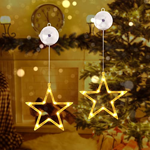 Qedertek LED Sterne Weihnachtsbeleuchtung, 10 LED Lichtervorhang Warmweiß Batteriebetriebene mit Saugnäpfe, Timer, Fenster Lichterkette Innen für Weihnachten Deko, Balkon, Party, Hochzeit (2 Stück)