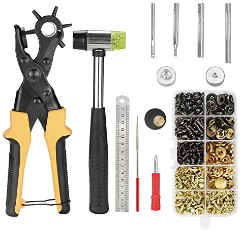 Lochzange Druckknopf Set, Heavy Duty Profi Revolverlochzange Gürtellochzange, Lochzange Gürtel Leder Locher mit 150 Nieten 20 Druckknöpfe usw. für Stoff Pappe, 6 Auswechselbaren Lochpfeifen