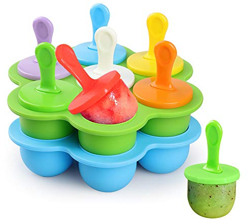 WD&CD 14 Stück Eisformen Eis am Stiel Silikon mit 18 Stück Kunststoffstäbchen, Mini Eisformen Silikon BPA Frei Förmchen zum Einfrieren von Obst oder Joghurt - Blau & Grün