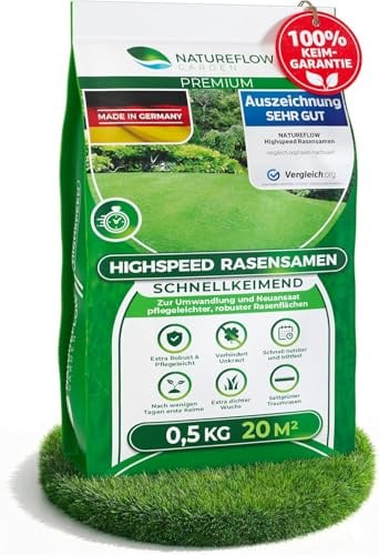 Rasensamen schnellkeimend Frühjahr & Sommer 0,5kg – TEST SEHR GUT – Grassamen schnellkeimend Rasen Nachsaat Made in Germany – Rasensaat 20qm - Rasensamen Frühjahr & Sommer Samen von Natureflow