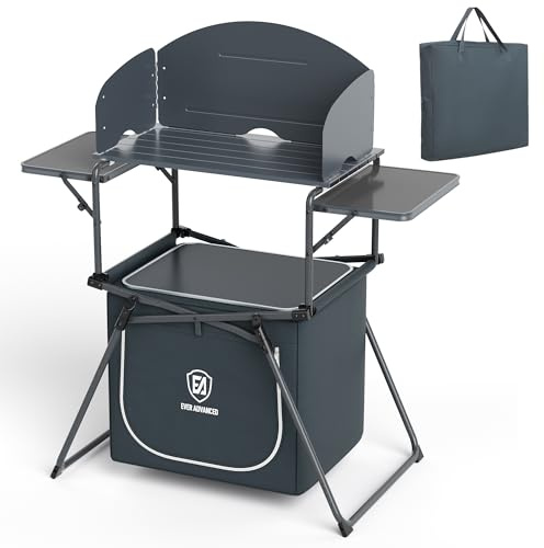 Ever Advanced Campingküche faltbar mit Windschutz Campingschrank klappbar mit 3 Tischplatte Bewahrungstasche Faltküche mit Tragetasche geeignet für Camping Garten Wohnwagen Familie