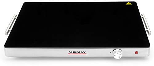 GASTROBACK Design Warmhalteplatte, großflächig & effizient für Speisen & Teller, satiniertes Thermo-Designglas, stufenlos regulierbar, ideal für Gastro & Buffet, Schwarz, Silber