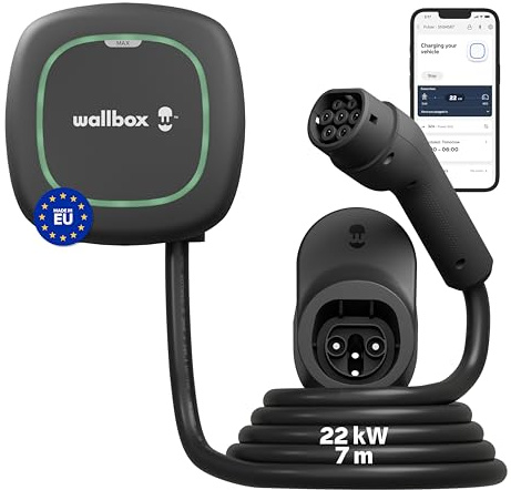 Wallbox Pulsar Max 22kW für Elektroauto, Ladegerät für EV/PHEV, 7m Kabel | Max 32Amp, Smart EV Ladegerät Typ 2 mit App, WiFi & Bluetooth, EV Charger