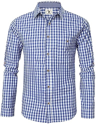 EIISSION Trachtenhemd Herren Kurzarm Blau Oktoberfest Kariert Langarm Trachten Hemd Freizeithemd Karohemd Baumwolle Slim fit XL