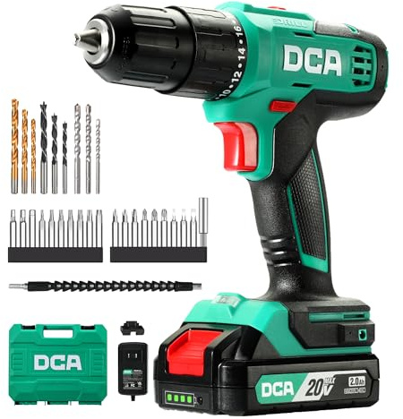 DCA 20V Akku-Schlagbohrmaschine Set, 40 Nm, 13 mm Schnellspannbohrfutter, 22500 Schläge/Min, 2 Geschwindigkeiten, 18+1+1, Schlagbohrschrauber mit 14 Bohr-/Schrauber-Bits für Ziegel, Metall, Holz，