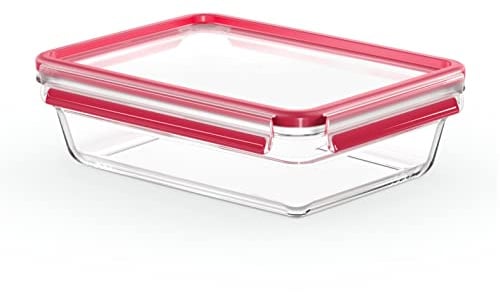 EMSA Clip & Close Glas Frischhaltedose, rechteckig, 2 L, 100 Prozent dicht, rutschfestes Stapeln, Glasbehälter spülmaschinen-, gefrier-, backofen-, mikrowellenfest, Rot, Transparent, N10411