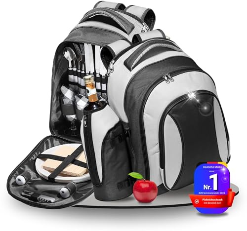 Picknickrucksack 4 Personen - Picknickset 21 TLG. - Wasserabweisender Deluxe Kühlrucksack mit großem Kühlfach - Camping-Besteck und wiederverwendbares Geschirr