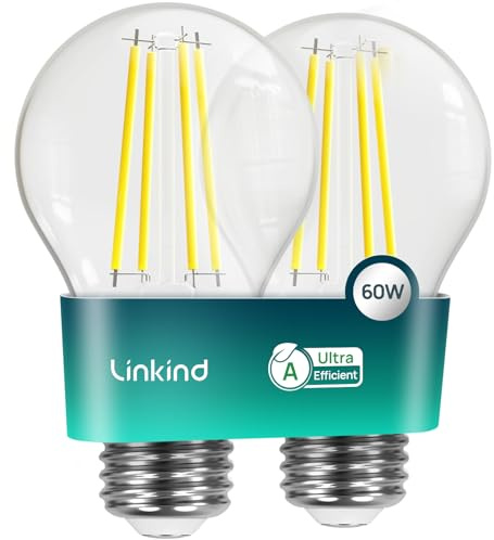 Linkind Ultraeffiziente E27 Lampe Vintage, 3,8W=60W, 2700K Warmweiß mit Energie Klasse-A, Filament A60 Edison 806 Lm, 320°Abstrahlwinkel, Klar, 2 Stück