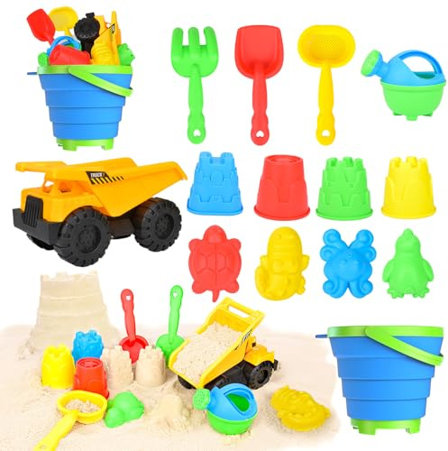 14Stück Sandspielzeug Strandspielzeug Junge mit Faltbarer Eimer Kinder Bagger Sandkasten Spielzeug, Sandförmchen Sandschaufel Kinder, Reise Sand Spielzeug mit Netztasche Set für ab Jungen Mädchen