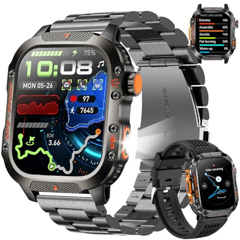 BRUBOSES GPS Smartwatch Herren Schwarz Uhr Kompass Luftdruck Telefonfunktion Schlafmonitor Herzfrequenz Schrittzähler Sportuhr Militär Wasserdicht 2,01 Touchscreen 540mAh Akkulaufzeit (2 Uhrbänder)