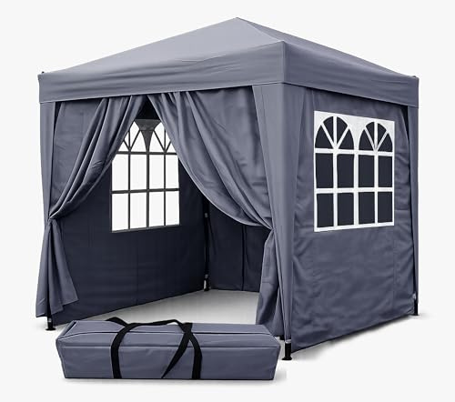 QUICK STAR Faltpavillon 2,5 x 2,5 m Smoky Grau, 4 Easy-Klett Seitenwände (2 Reißverschlüsse, 2 Fenster), Pop Up Pavillon Faltbar, mit Tragetasche