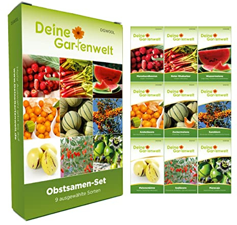 Obst Samen Set – 9 Sorten Obst Samen – Anzuchtset – inkl. Physalis, Wassermelone, Honigmelone, Erdbeere, Melonenbirne, Rhabarber, Goji & Mehr – Ideal als Geschenkset