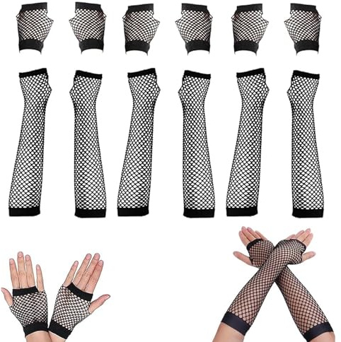 6 Paar Netzhandschuhe, Fischnetz Handschuhe, Netzhandschuhe Schwarz Lange und Kurz Fingerlose Handschuhe Netzgewebe Tanzhandschuhe für 80er 90er Jahre Thema Party Halloween Cosplay Frauen Kostüm