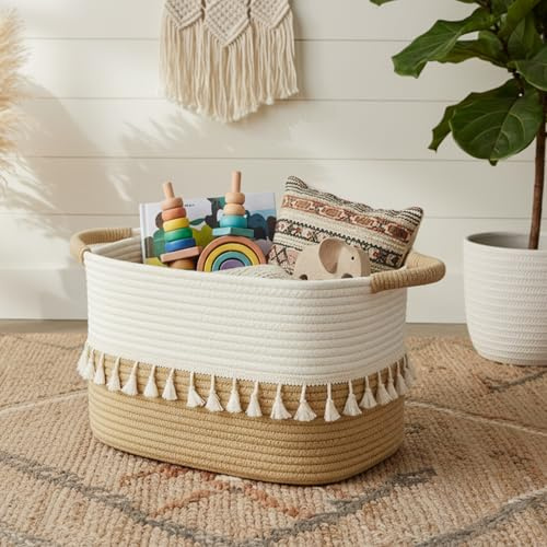 danpinera Aufbewahrungskorb, Korb geflochten mit Henkeln, vielseitiger Korb Aufbewahrung für Wäsche, Decken & Spielzeug, dekorativer Basket für Wohnzimmer, Schlafzimmer, Bad & Kinderzimmer Weiß&Khaki