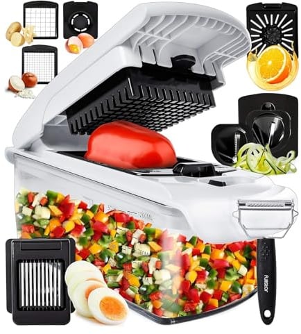 Fullstar Gemüseschneider und Spiralschneider - Zwiebelschneider Zerkleinerer - Gemüse Schneider Würfelschneider für Kartoffeln Gurken Früchte - Küchenzubehör und Küchengeräte (PRO 9-in-1, Weiß)