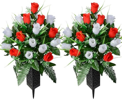 SIFOEL 2 Stück Künstliche Friedhofsblumen mit Vase, Künstliche Rose Grabdenkmal Blumen für Friedhof Grabsteine Dekoration (Red & White)