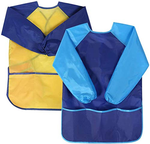 2 Stück Malschürze Kinder, Wasserdicht Kinder Malkittel 3-7 Jahre Mädchen/Junge, Bastelschürze Kinder mit Ärmeln und 3 Taschen für Schule Kunst Malerei, Kochen, Essen,Laboraktivität